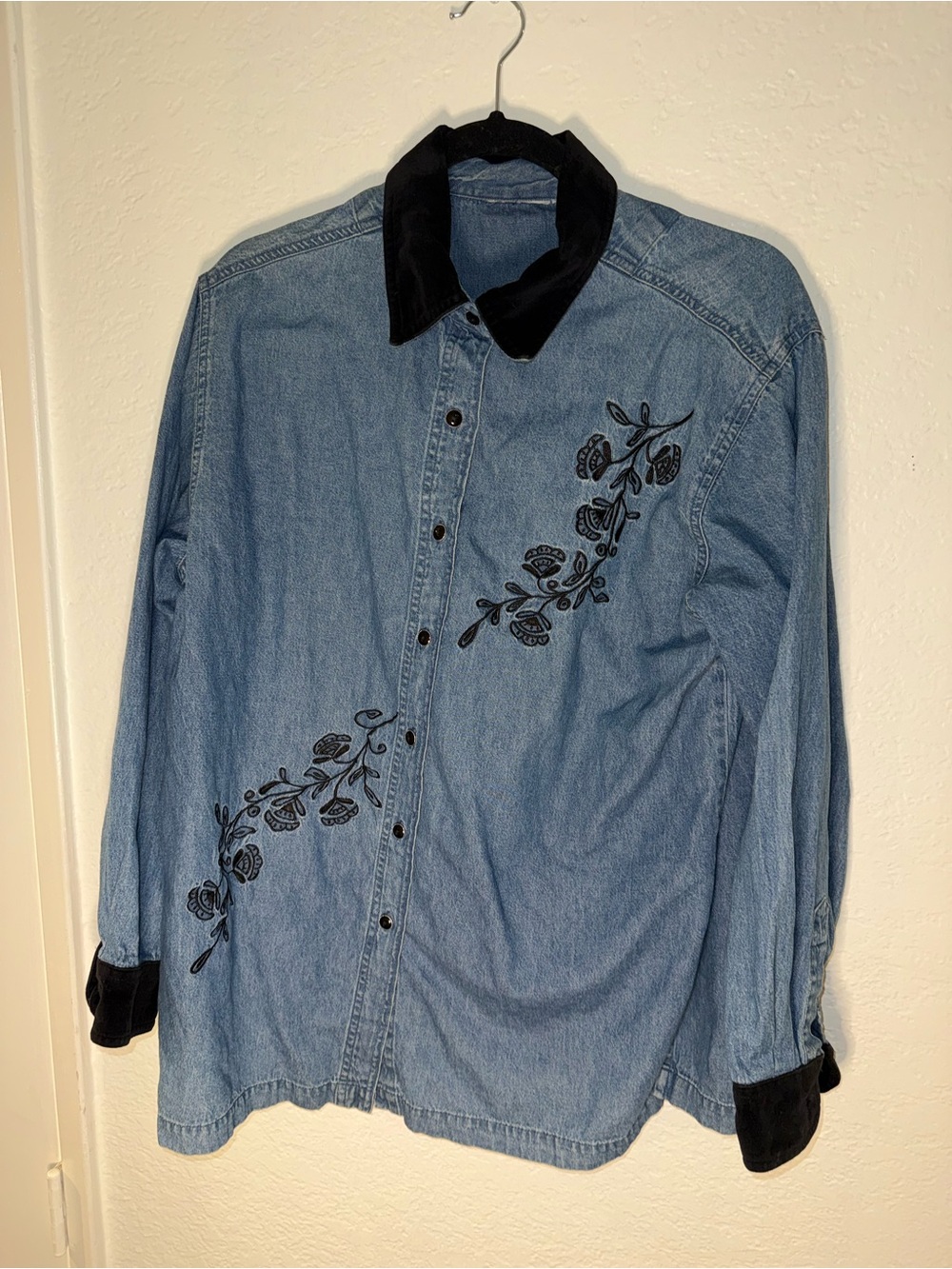 Light Blue Denim Button-Down Shirt with Black Floral Embroidery